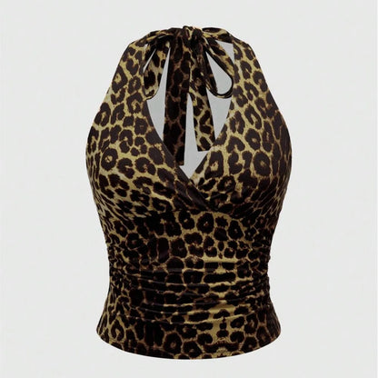 Retro Leopard Print Backless Fashion Sleeveless Summer Women's Casual Halterneck Vest Sexy Backless Lace-up Top Ropa Para Mujer