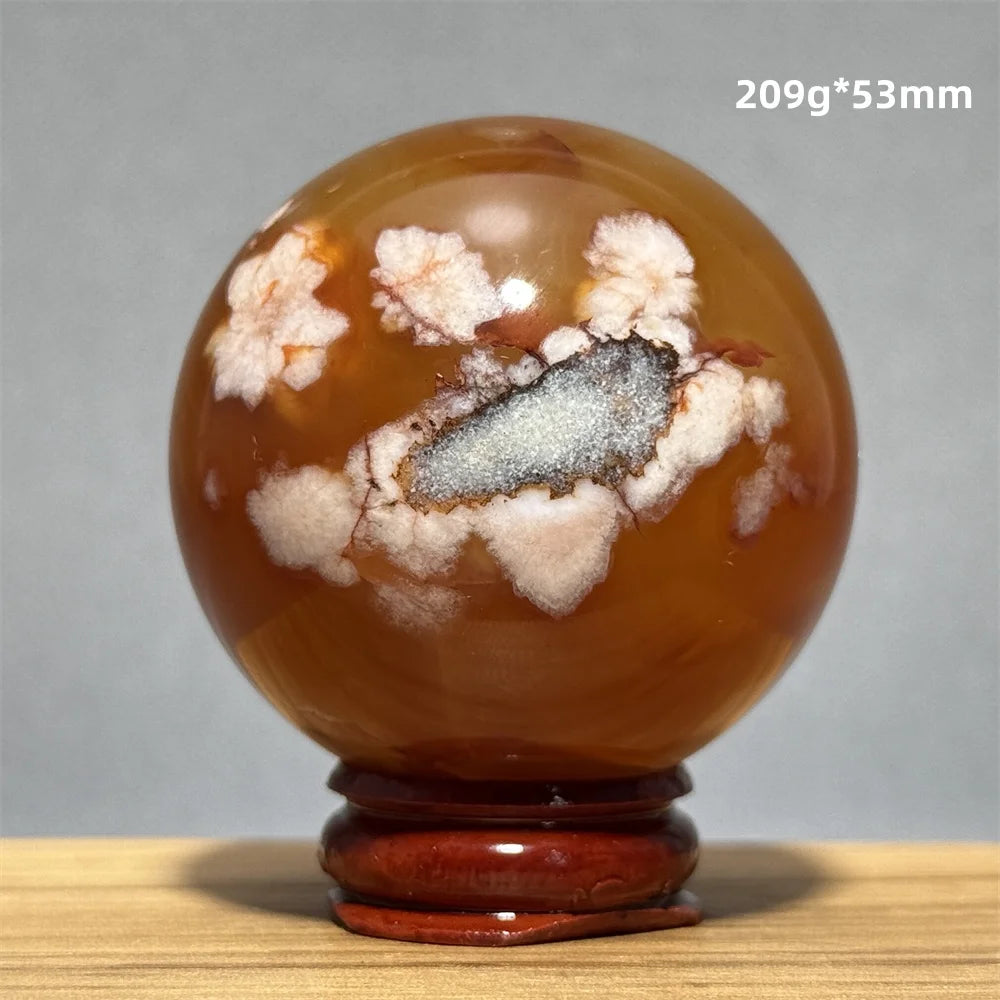 Red Cherry Blossom Agate Ball Natural Mineral Gem Aura Spiritual Meditation Massage Energy Divination Home Decoration Gift+Base