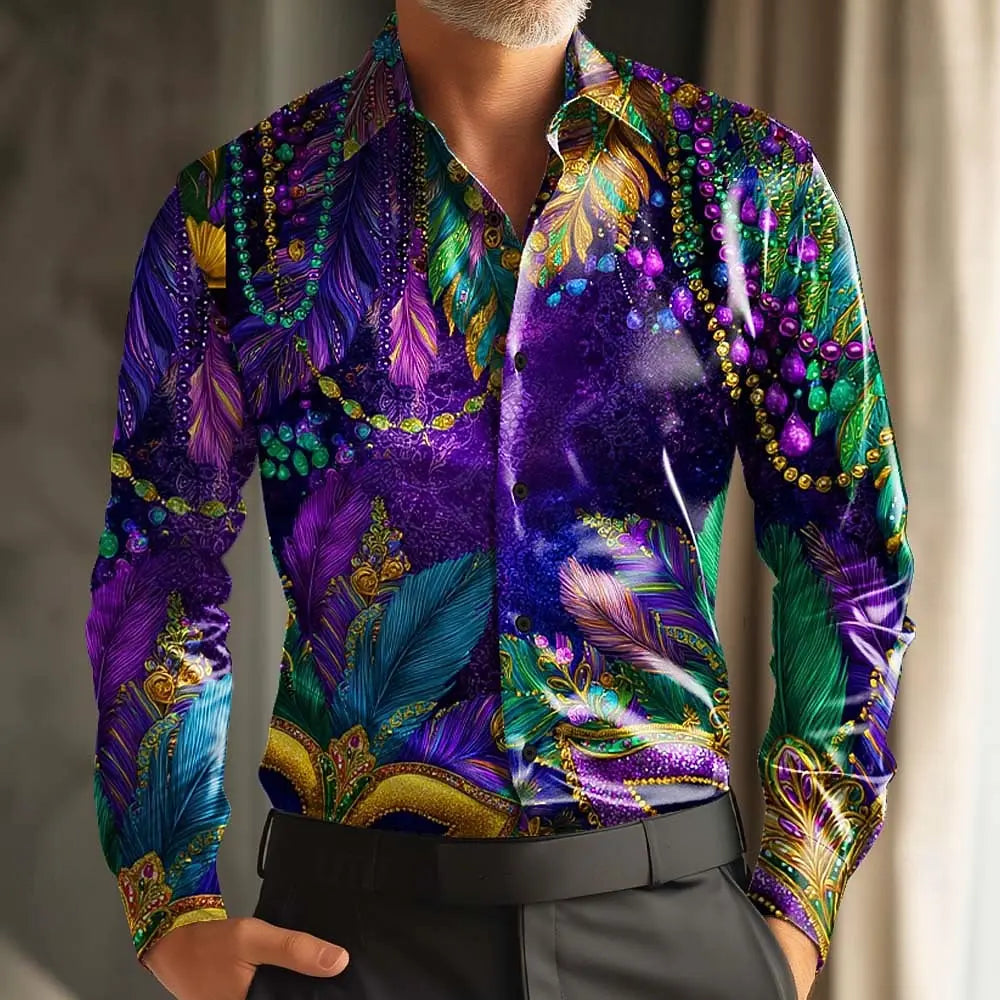 Mardi Gras Men's Colorful Carnival Mask with Feathers Shirt Long Sleeve Fashion Casual Party Summer 3D Print Button Up Shirts