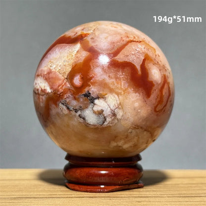 Red Cherry Blossom Agate Ball Natural Mineral Gem Aura Spiritual Meditation Massage Energy Divination Home Decoration Gift+Base