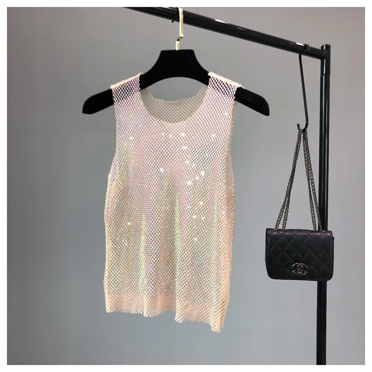 Crystal Beading Shiny Tanks Party Club Sexy Hollow Out Diamonds Stamping Camis Winky Sleeveless Vest