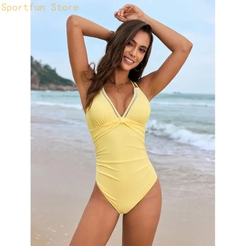 Women Push Up Bathing Suit 1 Swimsuit Ladies Double Straps Swimwear Fashion V-Neck Swimming Suit for Beachwear X7JD