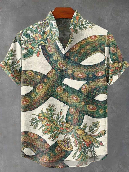 Vintage Men's Shirt Comfortable Short Sleeve Fashion 3D Crane Printed Art Pattern, Button Top, Summer Top