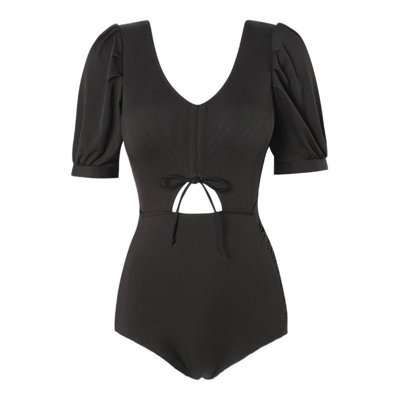 Women Swim Suit One-piece Swimsuits Ruched Front Korean Cut Out Swimwear Black Ladies Bathing Suits V Neck Monokini Beachwear