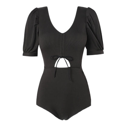 Women Swim Suit One-piece Swimsuits Ruched Front Korean Cut Out Swimwear Black Ladies Bathing Suits V Neck Monokini Beachwear