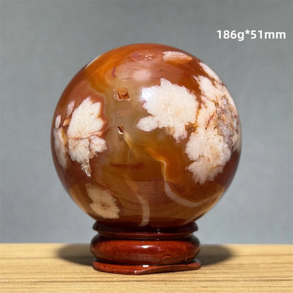 Red Cherry Blossom Agate Ball Natural Mineral Gem Aura Spiritual Meditation Massage Energy Divination Home Decoration Gift+Base