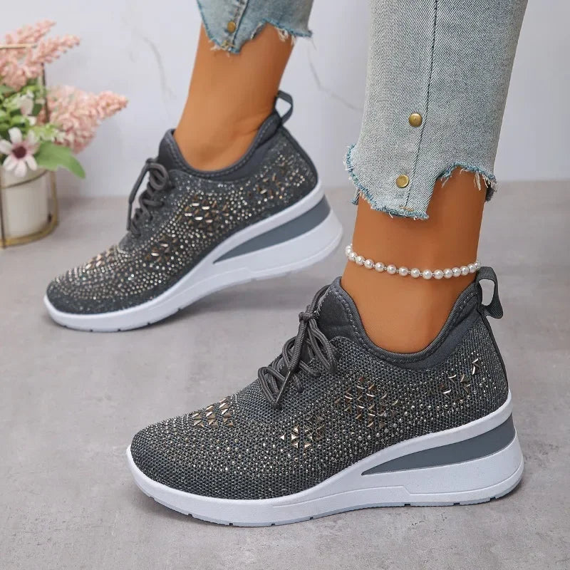 Sneakers Fall New Fashion  Round Toe Rhinestone Mesh Lace-Up Front Platform Non-Slip Wear-Resistant Wedge