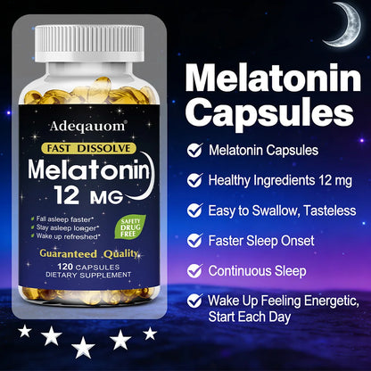 Melatonin 12mg Capsules - Adult Sleep Aid, Promotes Deep Sleep, Stress Relief, Jet Lag Adjust and Improves Immunity, Non-GMO