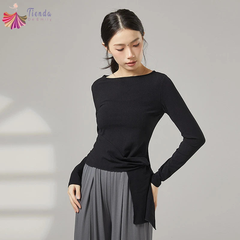 Women Modern Dance Practice Clothes Top Long Sleeve Shirt Hem Bandage Elegant Slim Adult Performance Latin Competition Dancewear