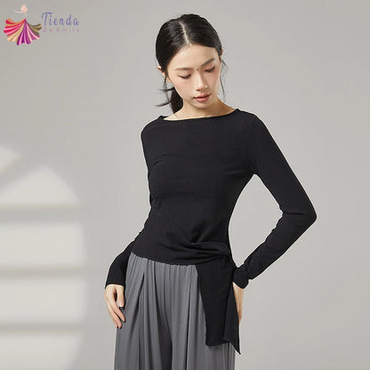 Women Modern Dance Practice Clothes Top Long Sleeve Shirt Hem Bandage Elegant Slim Adult Performance Latin Competition Dancewear