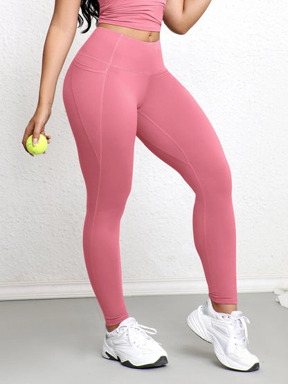 Women Leggings with Double Pockets Solid Color High Waist Butt Lifting Workout Tights Slim Elastic Pants Casual Wear