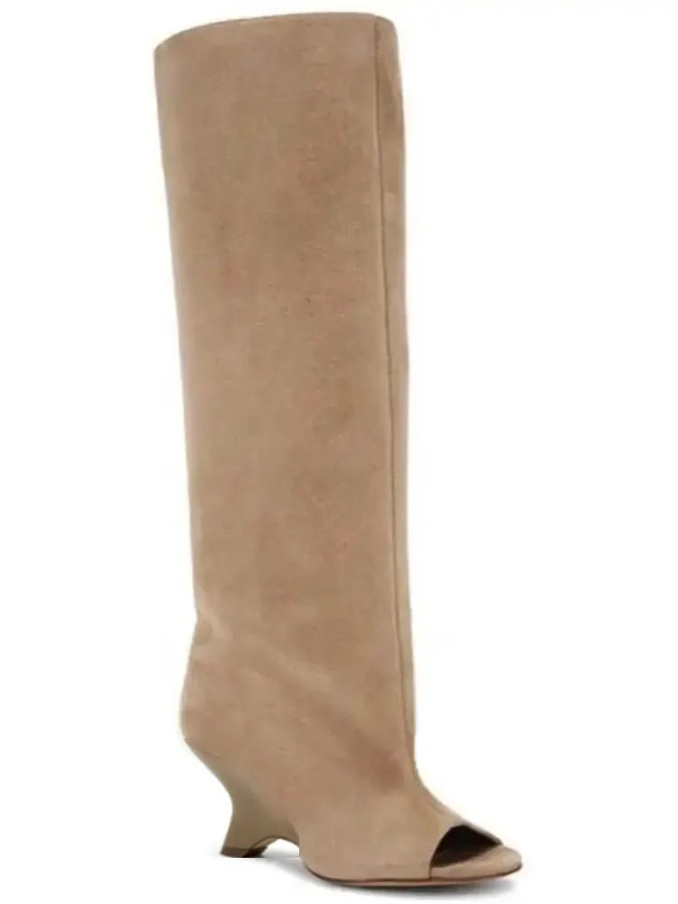 2026Women's Fish Mouth Thick High Heels Knee Length Cool Boots Slant Heel Fashion Show Large Size Spring/Summer Women's Boots