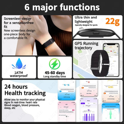 LAXASFIT Smart Band No Screen Fitness Tracker Heart Rate Blood Oxygen Monitor IP68 Waterproof Ultra-Thin Long Battery