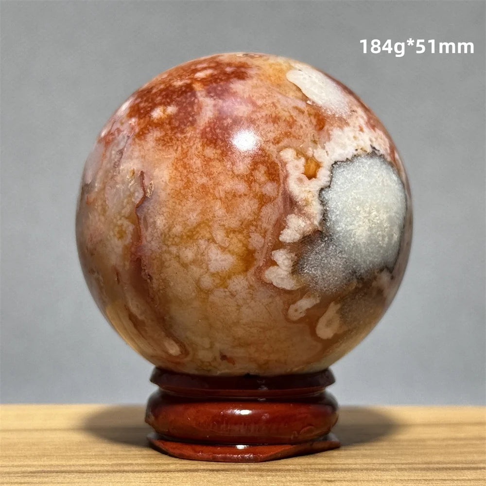 Red Cherry Blossom Agate Ball Natural Mineral Gem Aura Spiritual Meditation Massage Energy Divination Home Decoration Gift+Base
