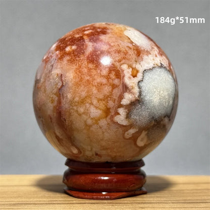 Red Cherry Blossom Agate Ball Natural Mineral Gem Aura Spiritual Meditation Massage Energy Divination Home Decoration Gift+Base