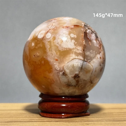 Red Cherry Blossom Agate Ball Natural Mineral Gem Aura Spiritual Meditation Massage Energy Divination Home Decoration Gift+Base