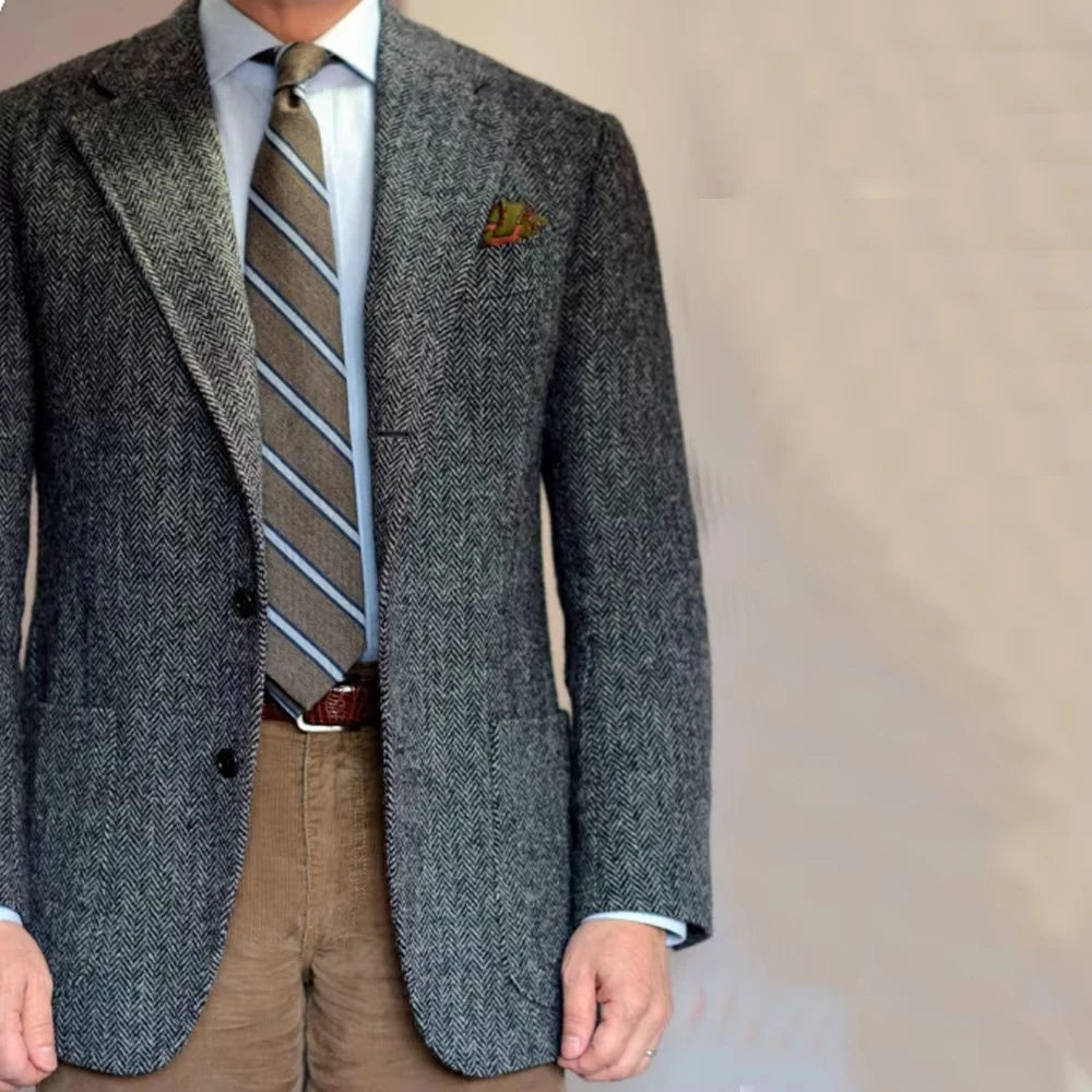 Dark Gray Business Suits Blazer Men Herringbone Notch Lapel Tuxedo Jacket Wedding Prom Party Grooms For Autumn Winter
