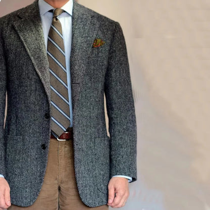 Dark Gray Business Suits Blazer Men Herringbone Notch Lapel Tuxedo Jacket Wedding Prom Party Grooms For Autumn Winter