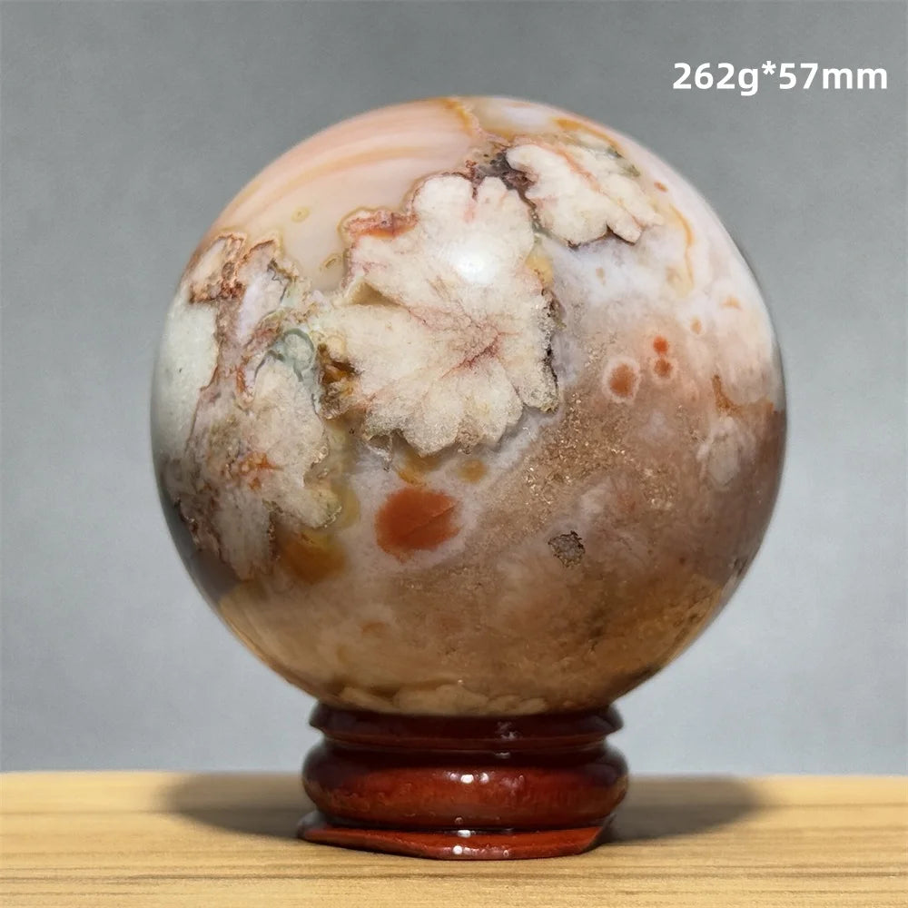 Red Cherry Blossom Agate Ball Natural Mineral Gem Aura Spiritual Meditation Massage Energy Divination Home Decoration Gift+Base