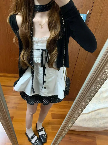 Korea Chic Patchwork Design Party Sets Loose Cardigan Jacket + Lace Bow Camisole Top + Mini Skirt Sweet Three-piece Set Women
