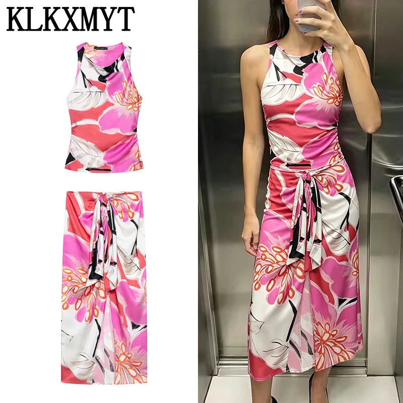 KLKXMYT Women Set Fashion Satin Printed Ruched Tops+High Waist Elegant Midi Skirt Casual 2026 Spring Summer Woman Outfit