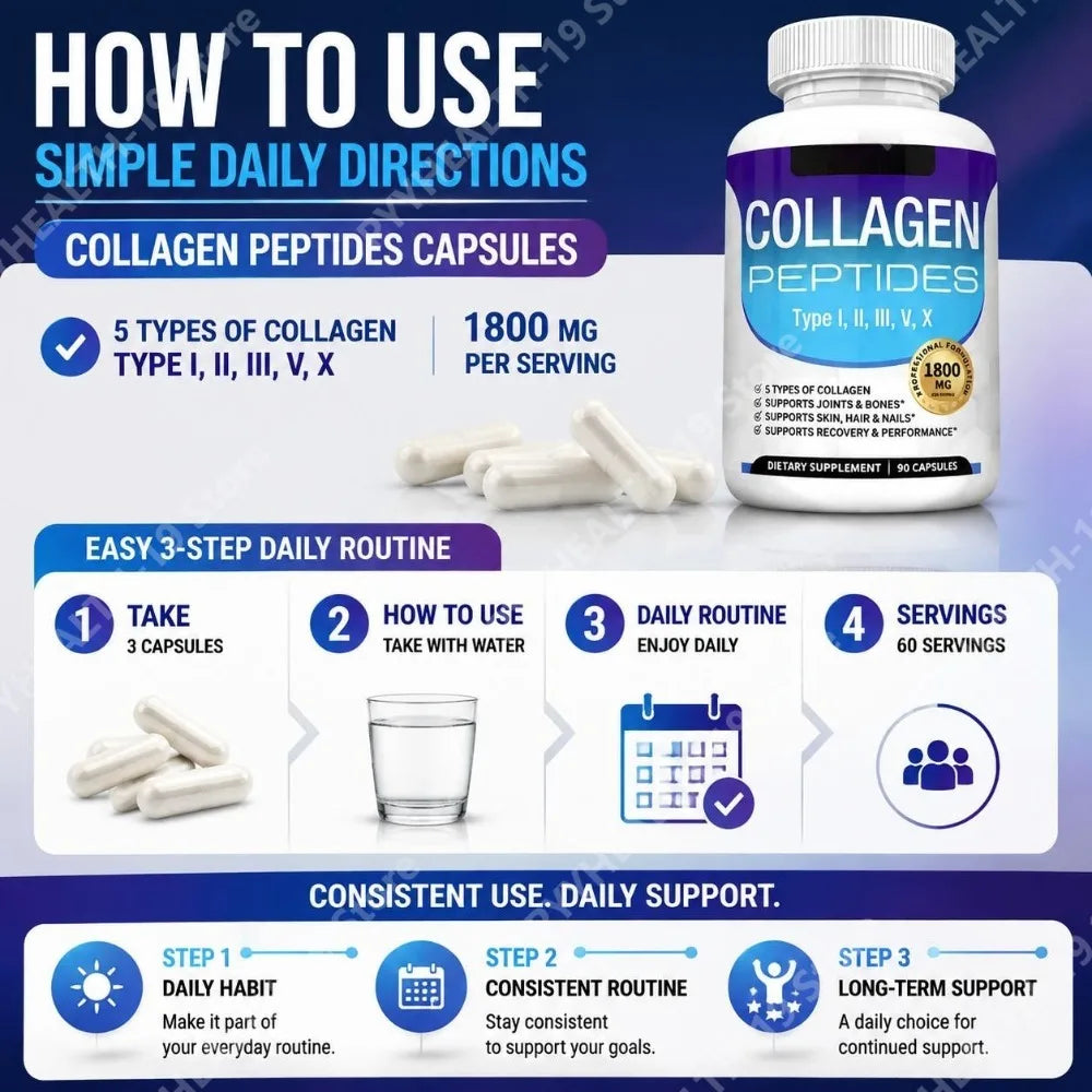 Collagen Peptides Capsules with 5 Types of Collagen for Joints, Bones, Skin, Hair & Nails Wellness Support, Adults, 90 Capsules