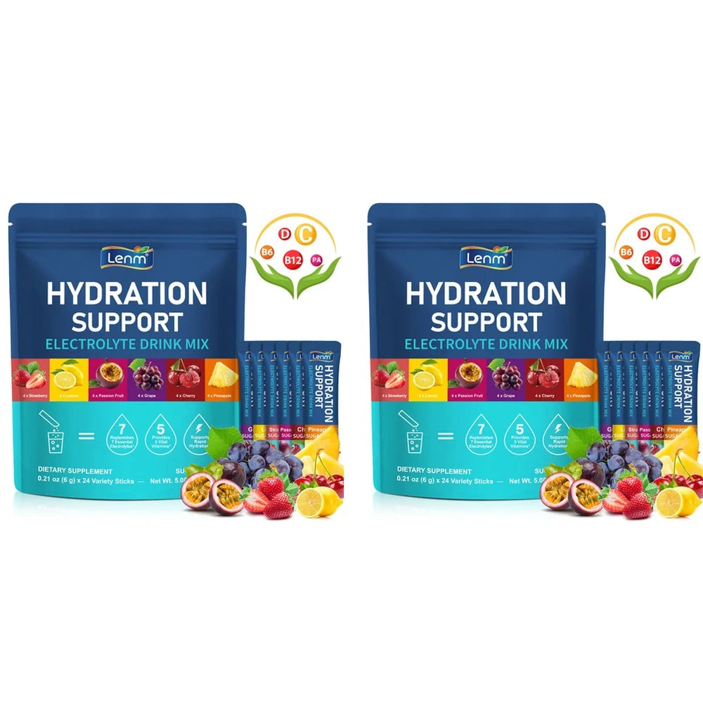 Lenm Electrolyte Drink Mix Powder with 7 Electrolytes and 5 Vitamins, Sugar-Free Vegan Travel Hydration Support 24 Sticks