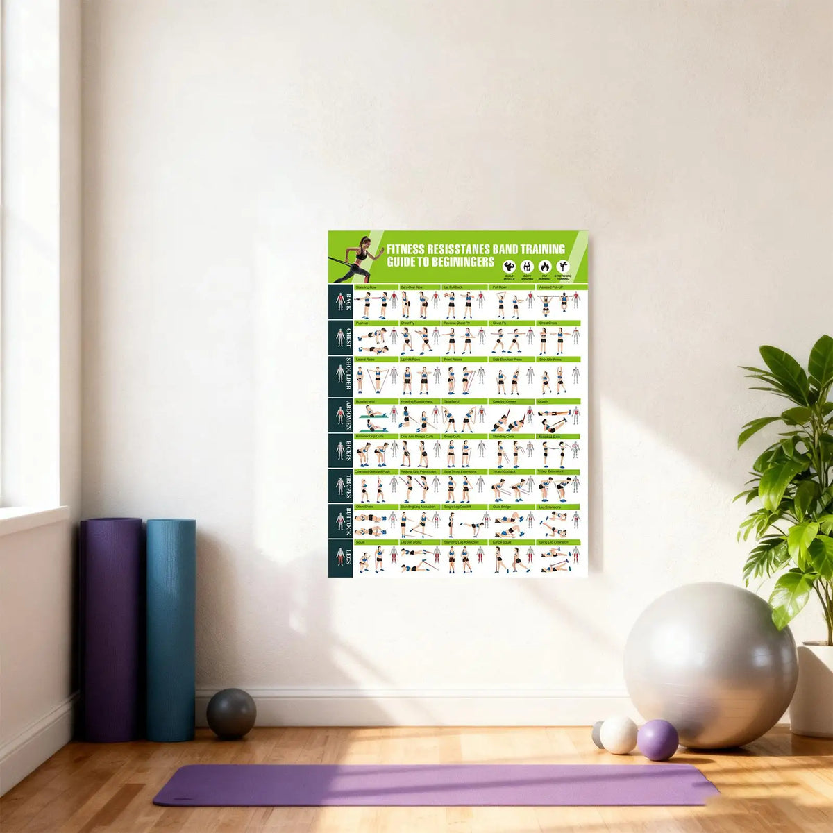 Workout Posters with Resistance Bands Guide Planner for Home Gym Muscle Building Stretching Yoga Exercise Training Wall Chart
