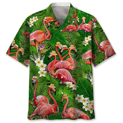 Anime Cartoon Flamingo Funny Shirt For Men Retro Plant 3D Print Leisure Quickly Dry Button Shirts Summer Street Popular Blouse