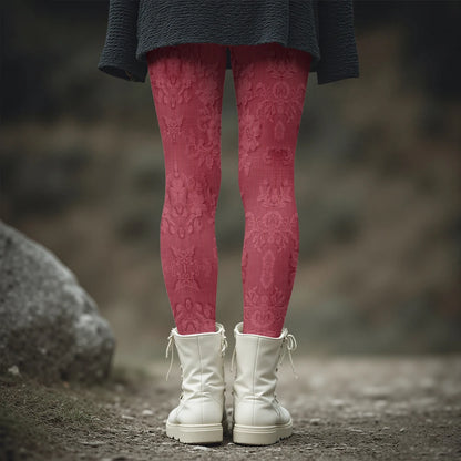 Fashion Women's Slim-Fit Leggings Wine Red Floral Pants Autumn Winter Stylish Thick Warm Pants Sexy Tights for Outdoor Wear