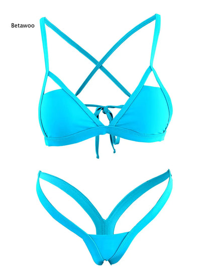 2026 Women Crisscross Back Triangle Bikini Set, Front Tie Top & High Cut Thong Bottom