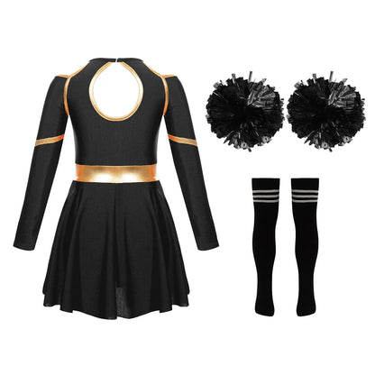 Kids Girls Cheerleading Cheer Dance Costume Cheerleader Dancing Outfits Long Sleeve Dress with Flower Balls Socks Halloween Sets
