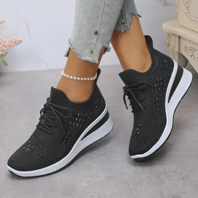 Sneakers Fall New Fashion  Round Toe Rhinestone Mesh Lace-Up Front Platform Non-Slip Wear-Resistant Wedge