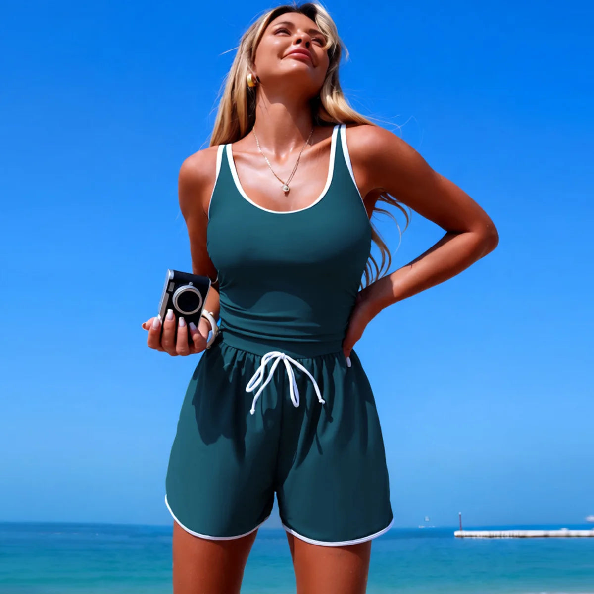 Conservative Pure Color One-Piece Swimsuit Women's Sports Bikini Cross-Border Popular Swimwear High Elasticity Quick Dry