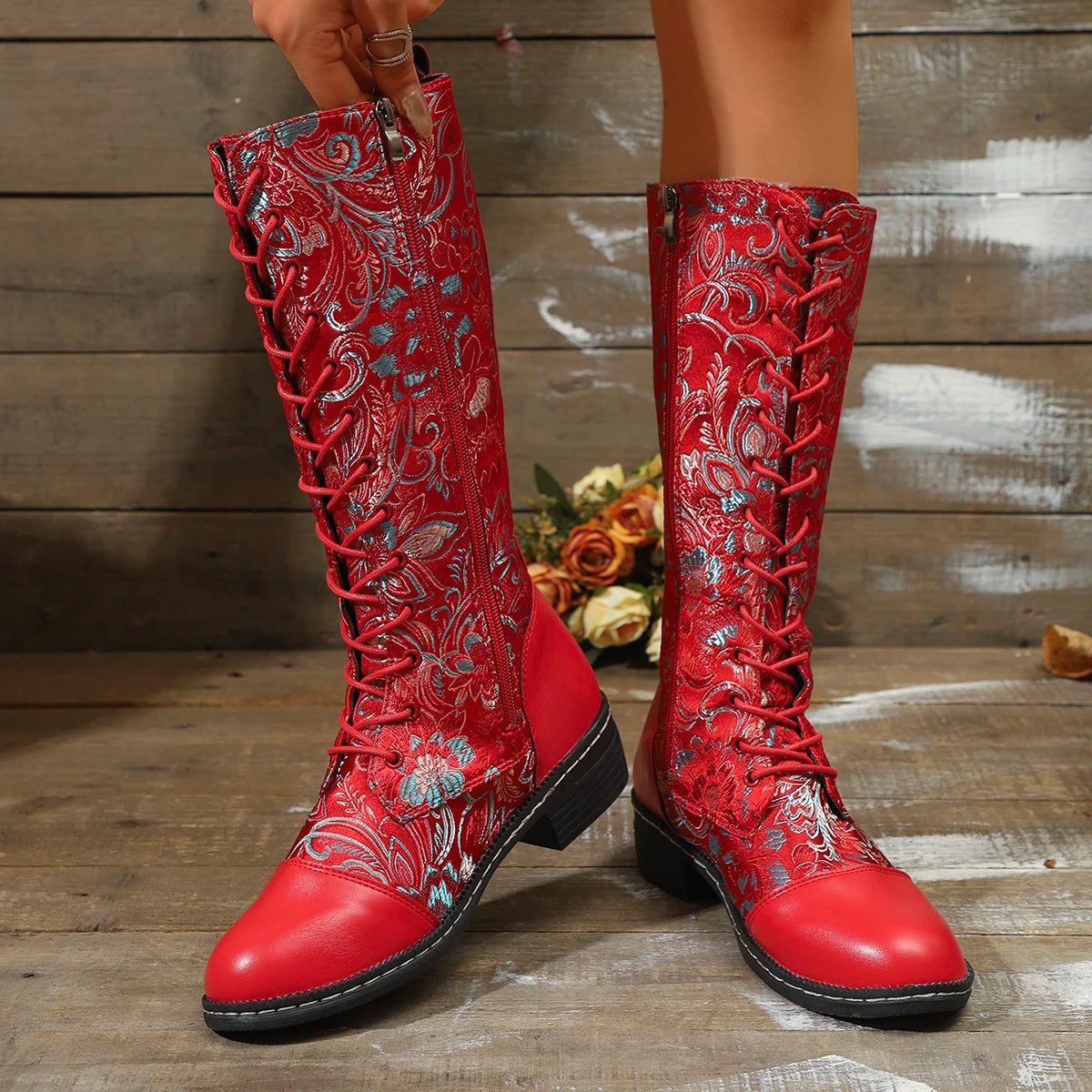 Women's Boots for Winter New Best-selling Bohemian Embroidered Zipper Boots Large Size Folk Style Color-blocking Western Boots