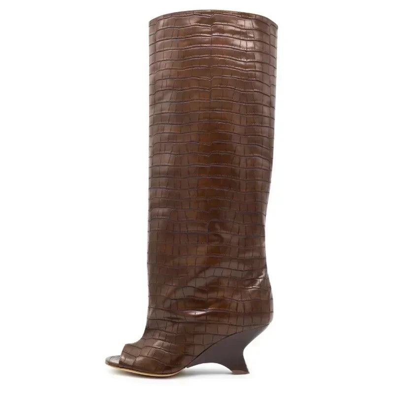 2026Women's Fish Mouth Thick High Heels Knee Length Cool Boots Slant Heel Fashion Show Large Size Spring/Summer Women's Boots