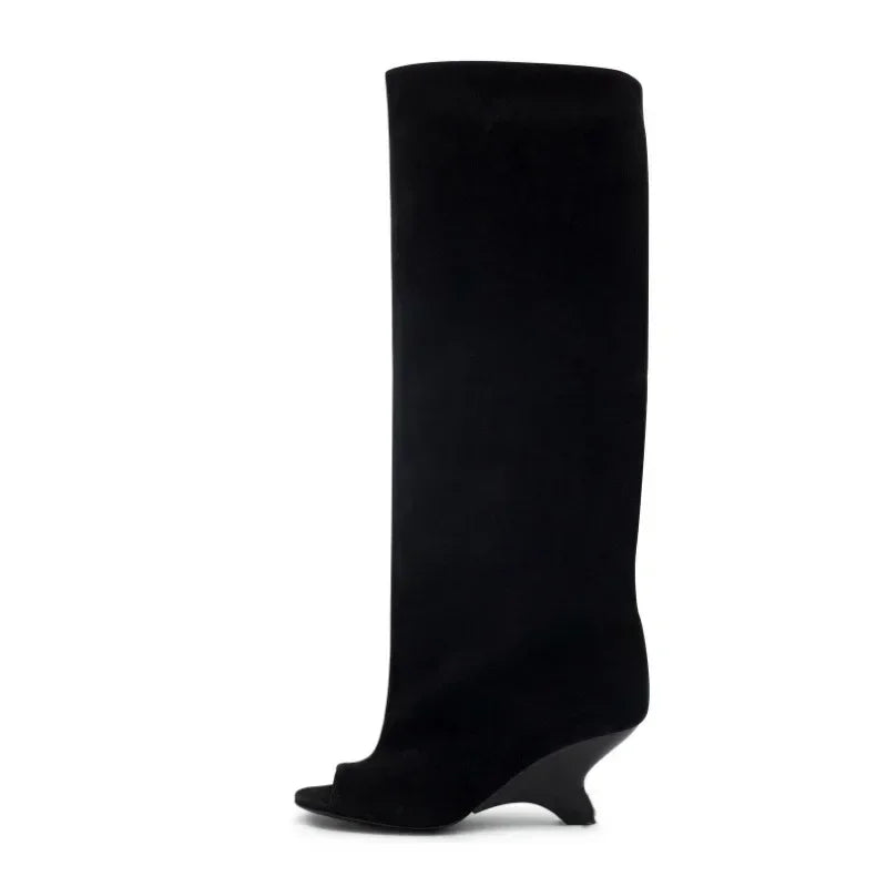 2026Women's Fish Mouth Thick High Heels Knee Length Cool Boots Slant Heel Fashion Show Large Size Spring/Summer Women's Boots