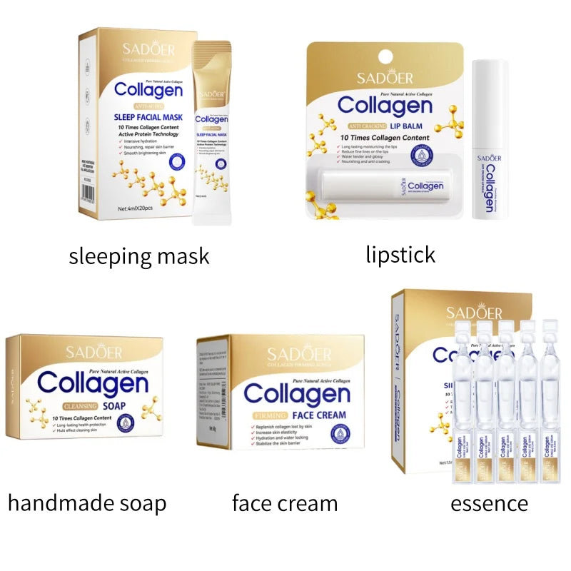 Collagen Anti-Wrinkle Hydrating and Moisturizing Sleep Mask, Collagen Anti-Wrinkle Ampoule Serum, Collagen Multi-Effect Cleansing Soap, Collagen Anti-Chapping Lip Balm, Collagen Skin Moisturizing Cream.