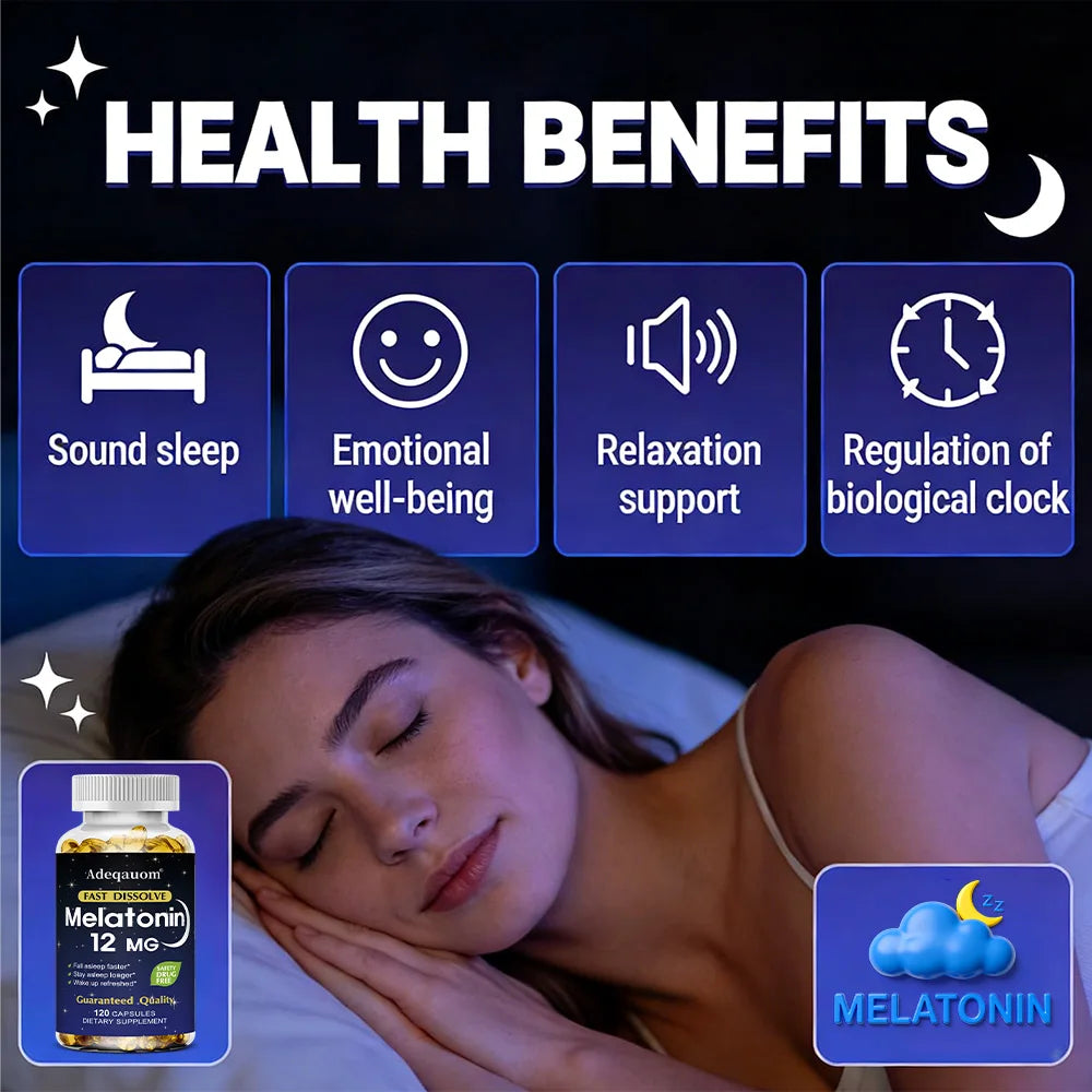 Melatonin 12mg Capsules - Adult Sleep Aid, Promotes Deep Sleep, Stress Relief, Jet Lag Adjust and Improves Immunity, Non-GMO