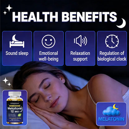 Melatonin 12mg Capsules - Adult Sleep Aid, Promotes Deep Sleep, Stress Relief, Jet Lag Adjust and Improves Immunity, Non-GMO