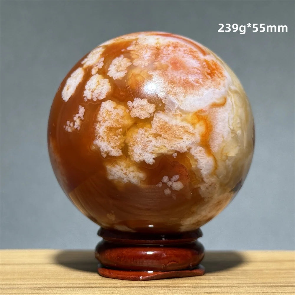 Red Cherry Blossom Agate Ball Natural Mineral Gem Aura Spiritual Meditation Massage Energy Divination Home Decoration Gift+Base