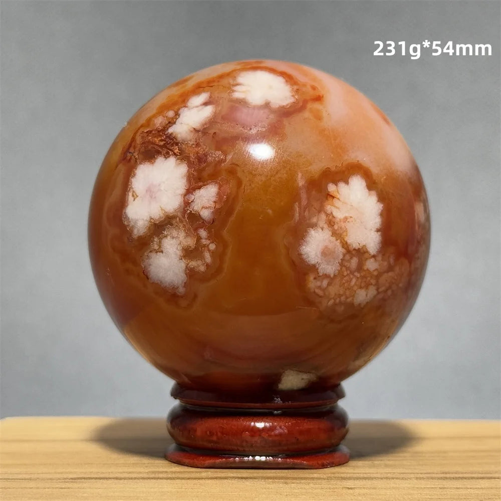 Red Cherry Blossom Agate Ball Natural Mineral Gem Aura Spiritual Meditation Massage Energy Divination Home Decoration Gift+Base