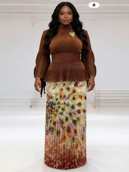 African Miyake Folds 2026 New Printing Set Loose Fashion Loose Women's Clothing Pleated Skirt Two-piece Set