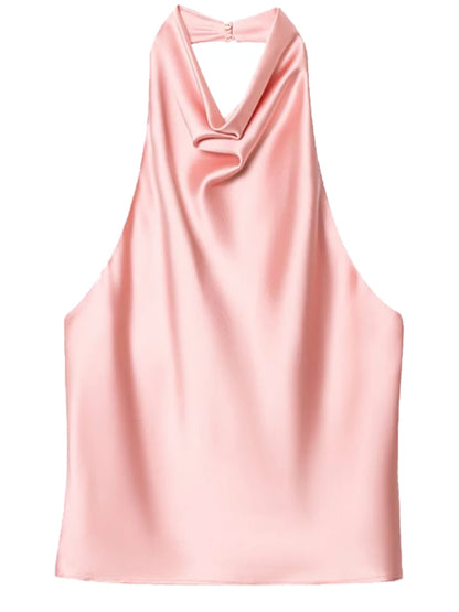 HXAO Top Women Halter Satin Women Tops Backless Corset Top Vest Yellow Pink Black Summer Elegant Sexy Tops Tank Vestidos