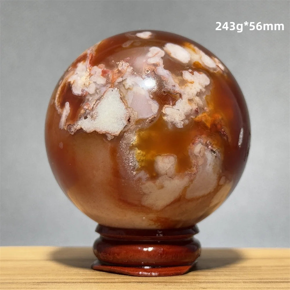 Red Cherry Blossom Agate Ball Natural Mineral Gem Aura Spiritual Meditation Massage Energy Divination Home Decoration Gift+Base