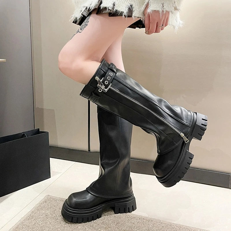Winter Women Biker Boots Fashion Belt Buckle Ladies Elegant Platform Long Pipe Booties Casual Women's Knee High Booties2024