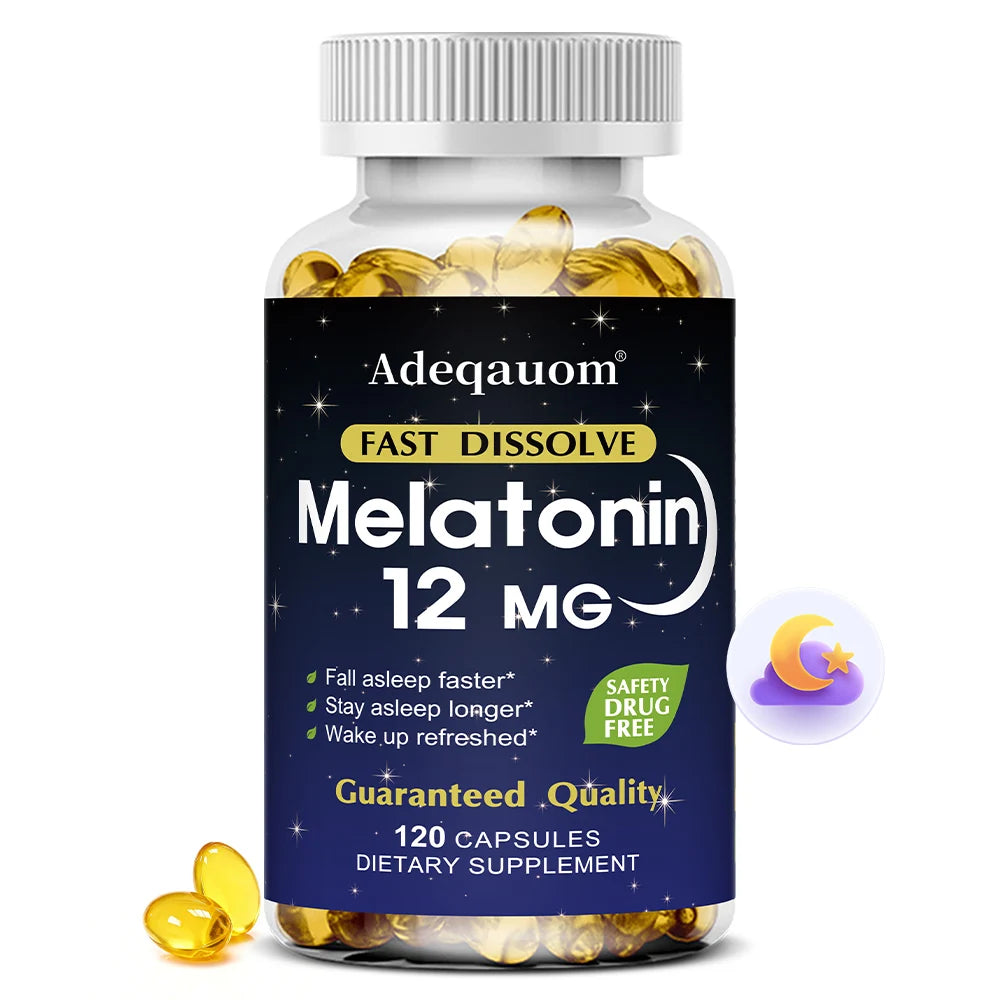 Melatonin 12mg Capsules - Adult Sleep Aid, Promotes Deep Sleep, Stress Relief, Jet Lag Adjust and Improves Immunity, Non-GMO