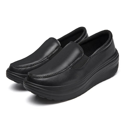 2026 Women's Shoes Spring Genuine Leather Soft Outsole Work Shoes Female Black Swing Woman Plus Size Wedges Single