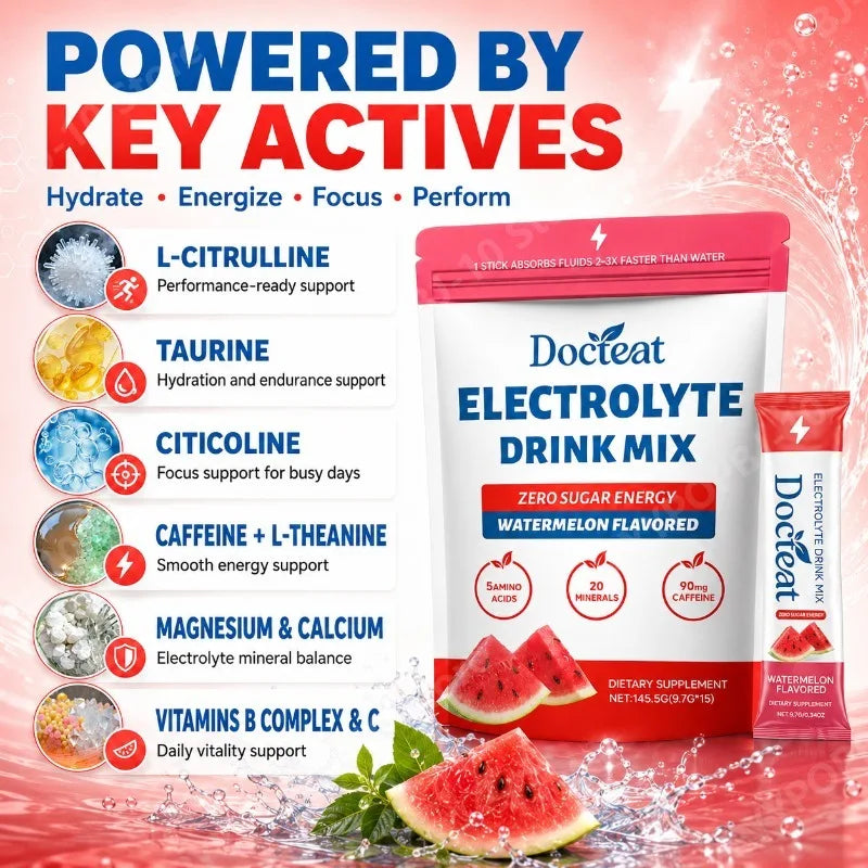 Electrolyte Drink Mix Zero Sugar Hydration Energy Support with Electrolytes Amino Acids Watermelon Flavor 15 Sticks