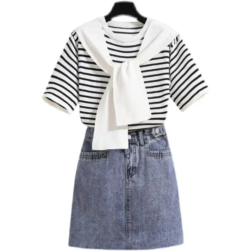 Women Casual Stripe Shawl T Shirt Skirts Two Piece Set 2025 Summer Student Fashion Tops Denim A-Line Skirt Outfits Lady Clothes